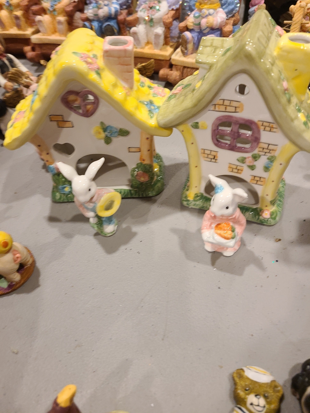 Vintage Yellow & Green Ceramic Bunny Cottage Pair Set Of 2 With Little Bunnies